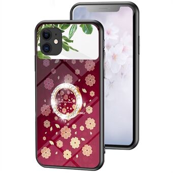 Magic Mirror Series Ring Kickstand Phone Case for iPhone 11 , Flower Pattern Mirror Design Tempered Glass + PC + TPU Cellphone Cover