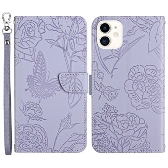For iPhone 11  Butterfly Flower Imprinted Skin-touch Feeling PU Leather Wallet Stand Phone Case with Hand Strap