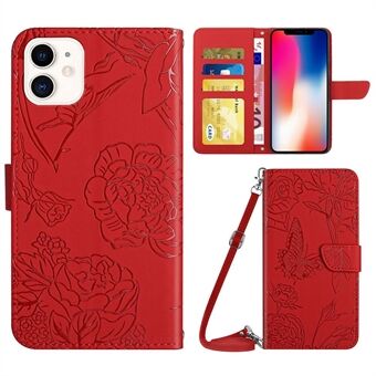 Butterfly Flowers Imprinting Phone Case for iPhone 11  PU Leather Phone Shell Hands-free Stand Wallet Case with Shoulder Strap