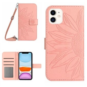 För iPhone 11 6,1 tum HT04 PU-lädertryckt solros Stand telefonfodral Skin-touch plånboksställsskydd med axelrem
