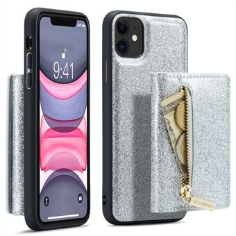 DG.MING M3-serien för iPhone 11 6,1 tums blixtlåsficka Magnetisk löstagbar 2-i-1 telefonfodral Glitter PU-läderbelagd PC+TPU Kickstand plånboksfodral