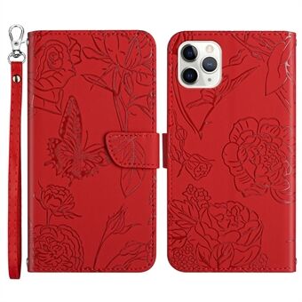 For iPhone 11 Pro  Butterfly Flower Imprinted Wallet Case Skin-touch Feeling PU Leather Stand Cover with Hand Strap