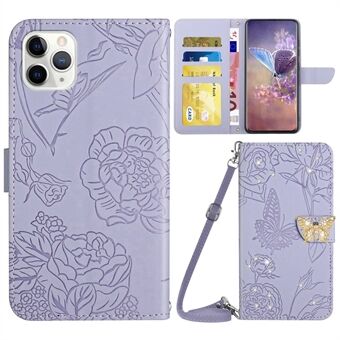 Skin-touch Rhinestone Decor Telefonfodral för iPhone 11 Pro , Butterfly Flowers Imprinted Stand Plånboksfodral med axelrem