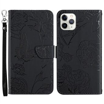 For iPhone 11 Pro Max  Butterfly Flower Imprinted Leather Case Skin-touch Wallet Stand Cover with Hand Strap