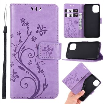 Imprint Butterfly Flower Leather Case with Strap for iPhone 12 mini