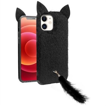 QIALINO Plain Plush Coated TPU Phone Cover with Fluffy Cat Ear and Tail Strap for iPhone 12 mini - Black
