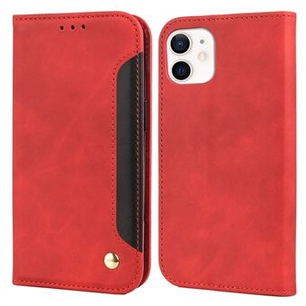 Hardware Decor Skin-Touch Läder Splicing Telefonfodral med plånbok och Stand för iPhone 12 mini 