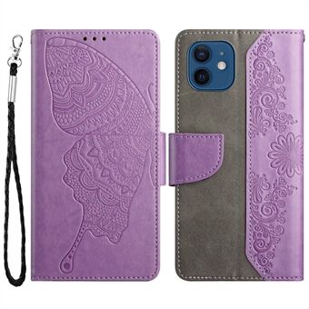 Imprinting Butterfly Flower Phone Cover for iPhone 12 mini , PU Leather + TPU Wallet Stand Case