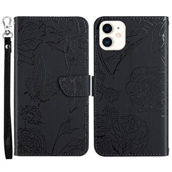For iPhone 12 mini  Butterfly Flower Pattern Imprinted Stand Case Shockproof Skin-touch Feeling PU Leather Wallet Anti-fall Cover with Strap