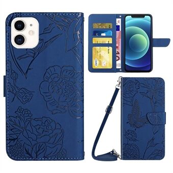 PU Leather Phone Shell for iPhone 12 mini  Butterfly Flowers Imprinting Protective Case Scratch Resistant Stand Wallet Case with Shoulder Strap