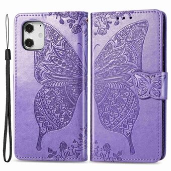 For iPhone 12 mini  Imprinted Butterfly Wallet Case PU Leather Wrist Strap Stand Feature Flip Cover