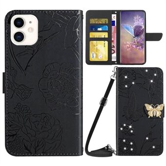 För iPhone 12 mini  Rhinestone Decor Skin-touch läderfodral med axelrem, telefonfodral med fjärilsblommor med Stand