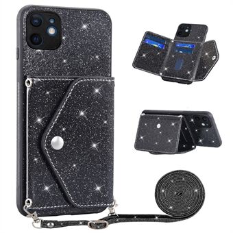 För iPhone 12 mini 5,4 tums axelrem Telefonfodral Kickstand Korthållarfodral med glittrig pulverdekor