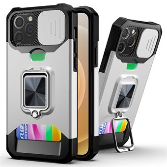 Inbyggd magnetisk metallplåtdesign Hybridtelefonfodral Kamerasliderskal med korthållare för iPhone 12  / 12 Pro 