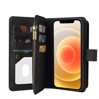 Stand Plånbok Läder Flip Shell Skin-touch Feel telefonfodral med flera kortplatser och blixtlåsficka för iPhone 12/12 Pro 