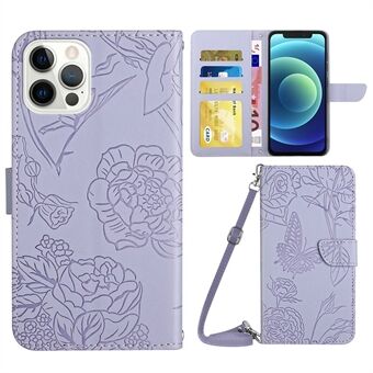 For iPhone 12/12 Pro  Protective Case Butterfly Flowers Imprinted PU Leather Folio Flip Cover Anti-Scratch Stand Wallet Case with Shoulder Strap