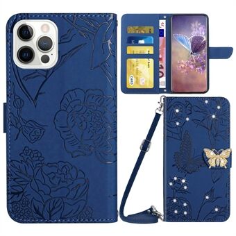 För iPhone 12  / 12 Pro  Rhinestone Decor Skin-touch PU-läderfodral Butterfly Flowers Imprinted Phone Stand Plånboksfodral med axelrem