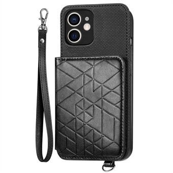För iPhone 12 Pro  / 12  Stativ design plånboksfodral Geometri präglad PU-läderbelagd TPU telefonbaksida med handledsrem