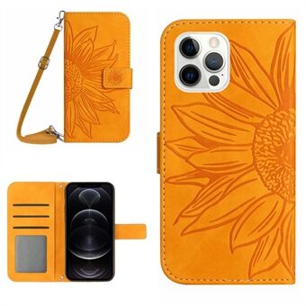 För iPhone 12/12 Pro 6,1 tum HT04 Imprinted Sunflower Telefon Plånboksställ Stand Skin-touch PU Läder Folio Flip Cover med axelrem
