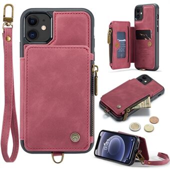 CASEME C20-serien för iPhone 12/12 Pro 6,1 tums RFID-blockerande handväska Kickstand Telefonskydd PU-läderbelagd TPU-dragkedja plånboksfodral med rem