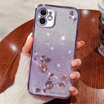 Gradient Glitter Powder TPU-skal för iPhone 12 6,1 tum, Rhinestone Dekor Blommönster Anti-dropp skyddsfodral