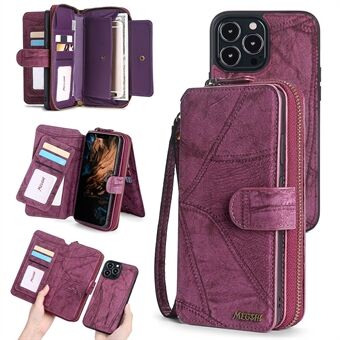 MEGSHI 004-serien för iPhone 12/12 Pro 6,1 tums löstagbar dragkedja plånbok PU-lädertelefonfodral med Stand