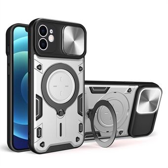 För iPhone 12 6,1 tums skjutkameralock Telefonfodral Roterbart Kickstand PC + TPU stötsäkert skal