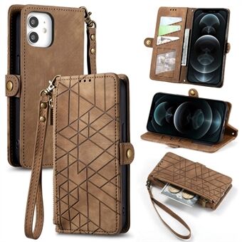 För iPhone 12/12 Pro PU Stand Telefonfodral med dragkedja och geometri tryckt plånboksfodral