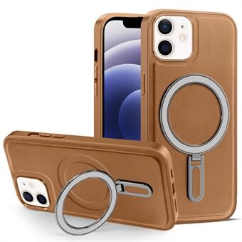För iPhone 12/12 Pro 6,1 tums telefonfodral Kickstand Design PU-läderbelagd PC+TPU magnetiskt skal