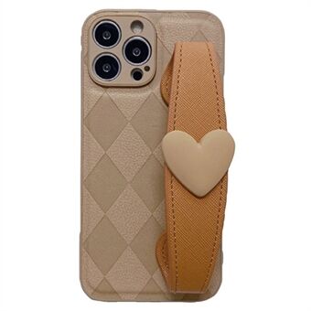 För iPhone 12 Pro 6,1 tum Drop Proof Rhombus -präglat PU-läderbelagd PC+TPU-telefonskydd Bakskal med Love Heart Armband