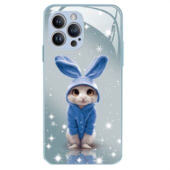 För iPhone 12 Pro 6,1 tums kaninmönsterutskrift Smartphone skal Hårt härdat glas+TPU Stötsäkert telefonfodral