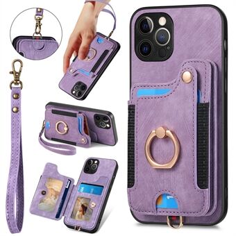 För iPhone 12 Pro RFID-blockerande korthållare Telefonfodral PU-läder+PC+TPU Ring Kickstandsskydd
