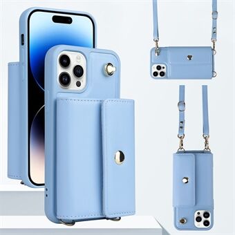 För iPhone 12 Pro 6,1 tum Läder+TPU Anti-droppfodral Magnetisk knappkortsväska Telefonskydd med axelrem
