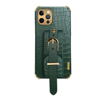 6D galvaniserad krokodil textur handledsrem PU läderbelagt TPU telefonfodral för iPhone 12 Pro Max