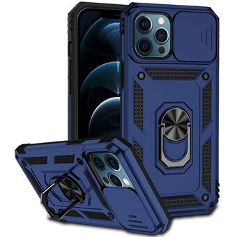 För iPhone 12 Pro Max 6,7 tum Elegant telefonfodral Ring Kickstand Hybrid PC + TPU-skal med skjutkameraskyddsskydd