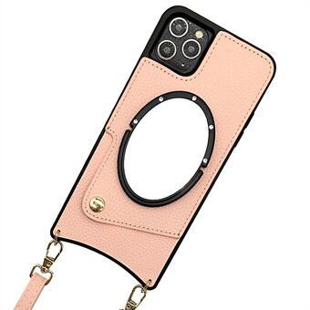 För iPhone 12 Pro Max 6,7 tums korthållare Telefonfodral Fish Tail Design PU-läderbelagd TPU Spegeldesign Skyddsfodral med axelrem