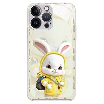 För iPhone 12 Pro Max 6,7 tums bakskal, tecknad kanin med ryggsäck härdat glas+TPU telefonskyddsfodral
