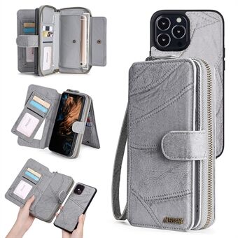 MEGSHI 004-serien för iPhone 12 Pro Max 6,7 tums löstagbar dragkedja plånbok PU- Stand Telefonskydd