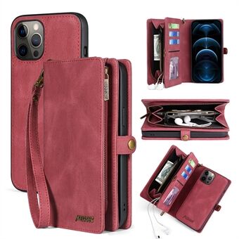 MEGSHI 017-serien för iPhone 12 Pro Max 6,7 tum magnetisk absorption plånboksfodral med dragkedja Avtagbart läderfodral med praktisk rem