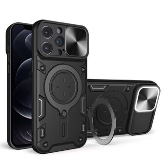 För iPhone 12 Pro Max 6,7 tum Skjut kameralock Bakfodral Free Rotation Kickstand PC + TPU telefonskydd