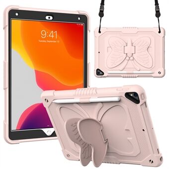 Butterfly Shape Kickställ Design Enfärgad PC + Silikon Stötsäkert surfplatta skal med axelrem för iPad 10.2 (2021)/(2020)/(2019)
