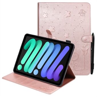 Imprinting Cat Bee Pattern PU Stand Plånbok Tablettfodral Skal för iPad mini (2021)