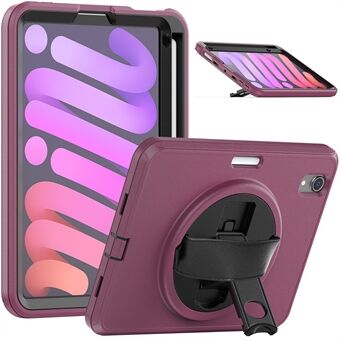 För iPad mini (2021) PC+TPU Tablet Skyddsöverdrag Roterande Kickstand Penna Slot Design Anti-droppfodral med PU-läderhandtagsrem