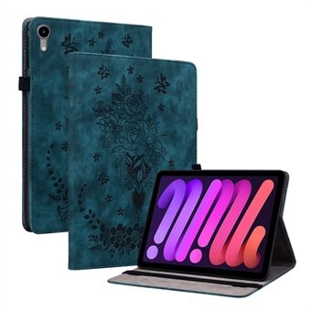 För iPad mini (2021) PU-läderkorthållare Shell Butterfly Rose Imprinted Tablet Stand Fodral
