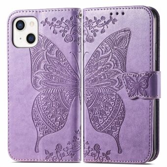 Drop-resistent Big Butterfly Imprinting Läder plånboksfodral med rem för iPhone 13 