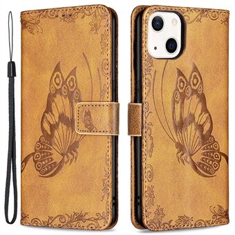 Imprint Butterfly Flower PU Leather Flip Skyddstelefonfodral med Stand och rem för iPhone 13 