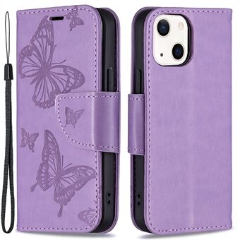 Imprint Butterfly PU Leather Flip Wallet Case Fodral med Stand och handledsrem för iPhone 13 