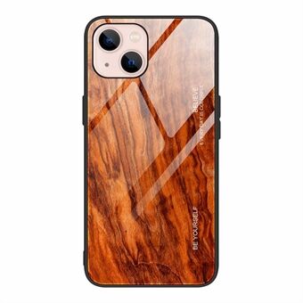 Wood Grain Design Mjuk TPU + Baksida av härdat glas Mobiltelefonfodral Skal för iPhone 13 