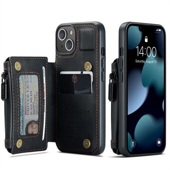 CASEME C20-serien Stötsäker Stöldskyddad blixtlåsficka Plånboksdesign PU-läder och TPU-bakfodral Telefonfodral för iPhone 13 - Black