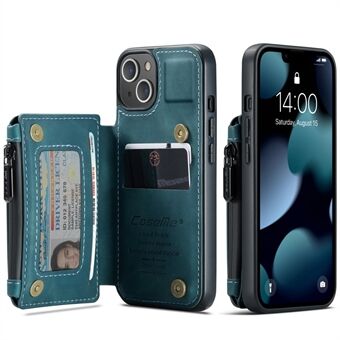 CASEME C20-serien Stötsäker Stöldskyddad blixtlåsficka Plånboksdesign PU-läder och TPU-bakfodral Telefonfodral för iPhone 13 - Blue